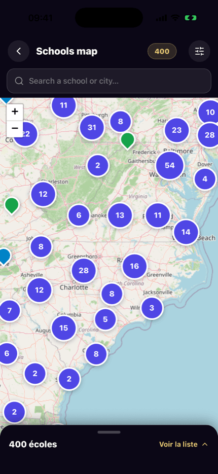 Ecran de l application ULYDIA : carte des ecoles et des formations