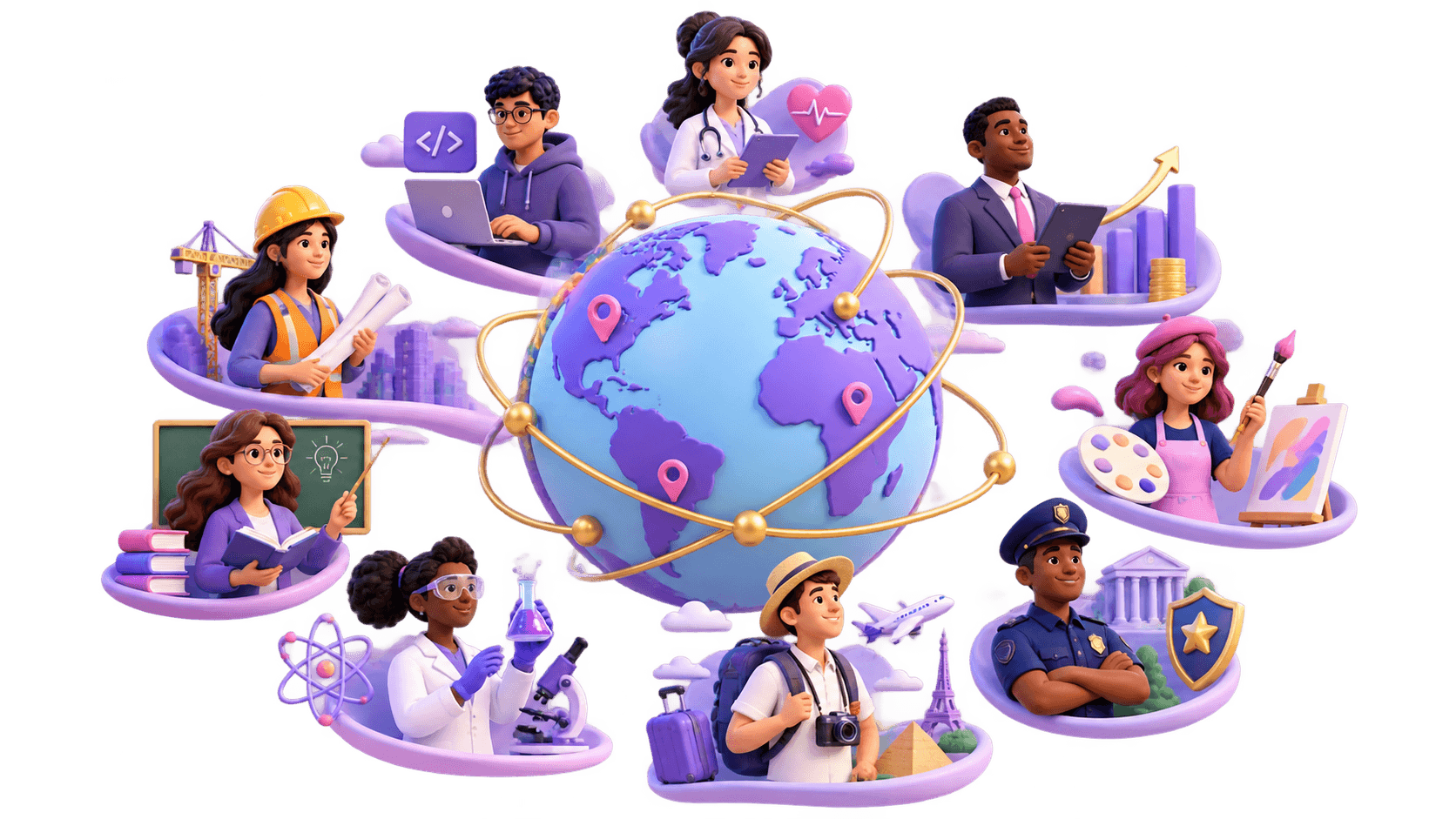 Illustration of young professionals from different careers around a globe